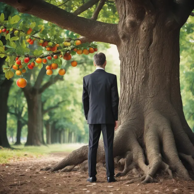 An investor studying the growth of a split tree, symbolizing stock splits and dividends, to understand cost basis adjustments
