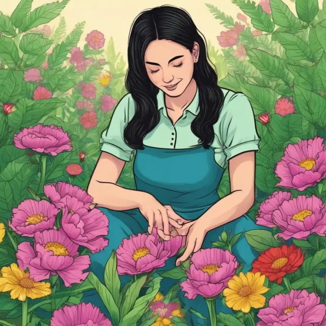 An investor tends to colorful ROA flowers in a well-tended garden, symbolizing profitable investment opportunities