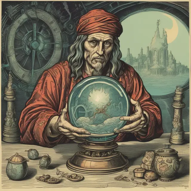 Fortune teller examining ROA in a crystal ball, enriched with gears and cogs symbolizing financial analysis.