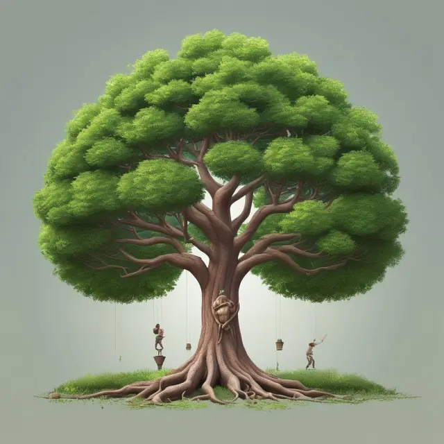 Two gardeners, NPV and IRR, care for an evergreen tree symbolizing profitable investments, measuring growth using long-term metrics.