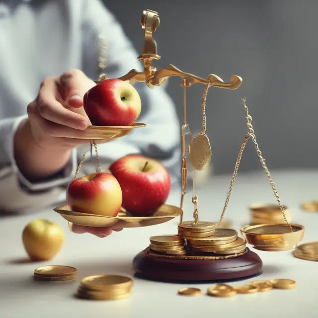 An institutional investor evaluates different investments: apples for short-term returns versus gold coins for long-term gains.