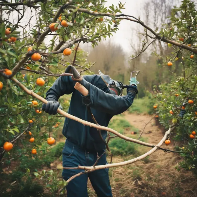 A gardener skillfully prunes branches on a fruit tree, symbolizing effective cost cutting and capital allocation for increased ROIC