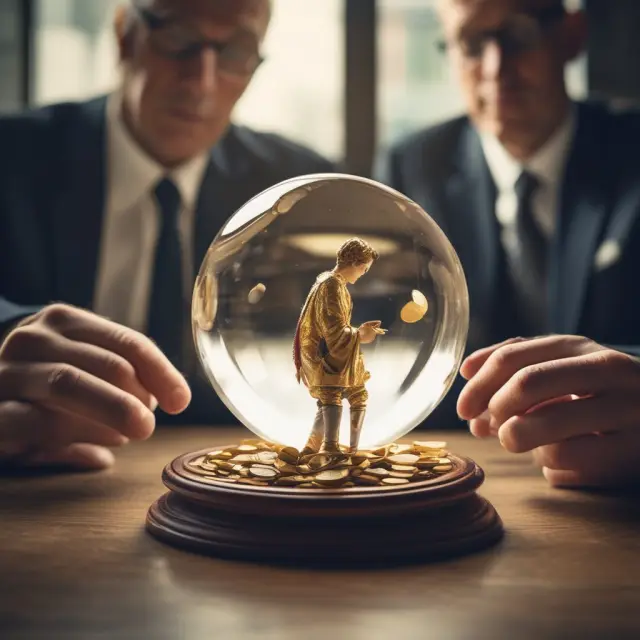 Investors analyzing Return on Invested Capital (ROIC) by comparing golden coins in a crystal ball to their respective costs of capital.