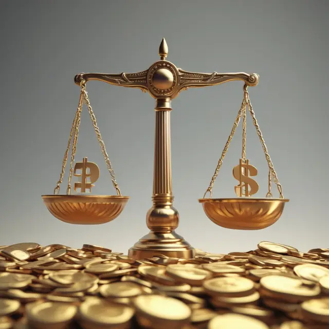 Golden coins representing revenue pouring onto a scale, with net income tipping it towards profitability