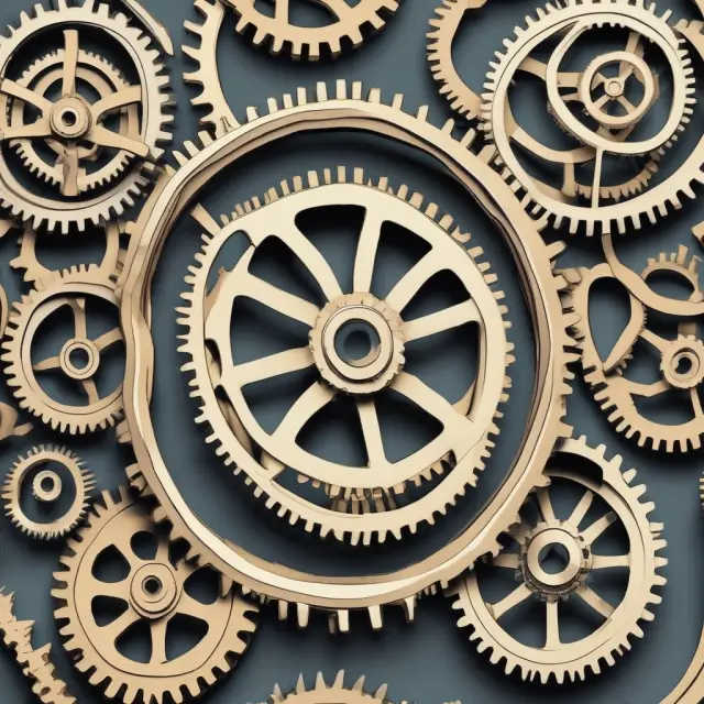 A set of interconnected gear wheels rotating harmoniously above a balanced scale, representing the relationship between net income and revenue in calculating Return on Revenue