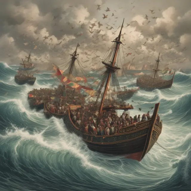Currency revaluation waves impacting domestic exporters and importers represented by boats