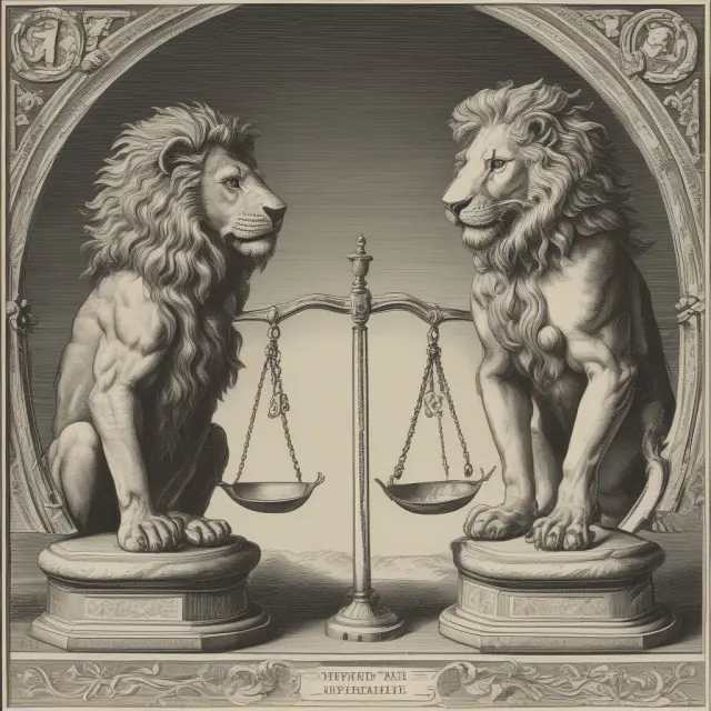 Lion and dove balancing scales represent the positive (lion) and negative (dove) implications of currency revaluation