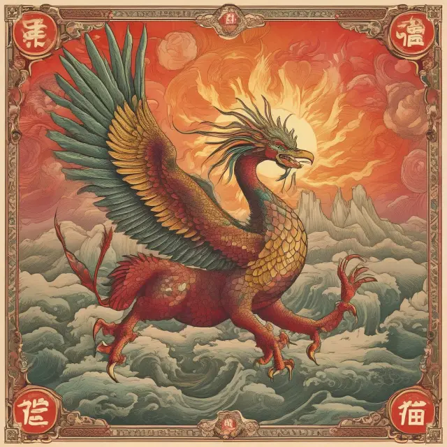 A mythical phoenix emerging from the ashes of an old Chinese dragon, representing China