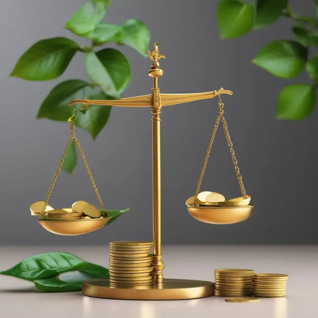 Golden scales with gold coins representing fair value measurement, balanced by green leaves symbolizing accounting standards