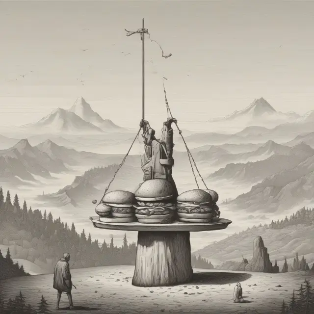 A consumer weighs their hamburger and hot dog choices on a seesaw amidst changing income and price landscapes, reflecting the weak axiom of revealed preference