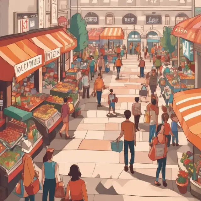 Consumers browsing and purchasing goods in a bustling marketplace, indicating their revealed preferences