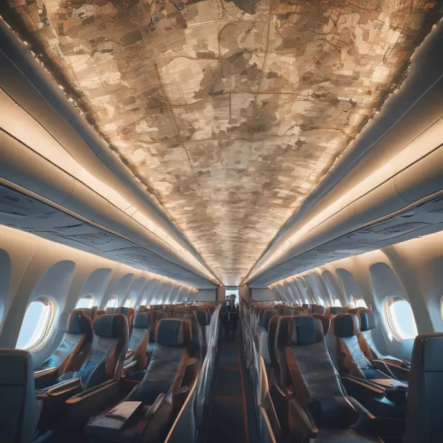 Passengers occupying seats on a plane flying over a detailed map, symbolizing revenue passenger miles and available seat miles