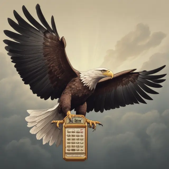 An eagle, symbolizing an airline, flying above financial charts with a golden calculator to illustrate the calculation of Revenue Per Available Seat Mile (RASM).
