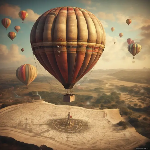 A hot air balloon symbolizing airline profitability flies over a world map, representing RASM. Ancient anchor symbols signify CASM anchoring the landscape