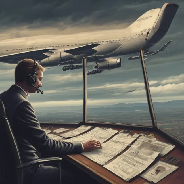 Person at a control tower, answering queries from passengers about Revenue Per Available Seat Mile (RASM) in the aviation industry.