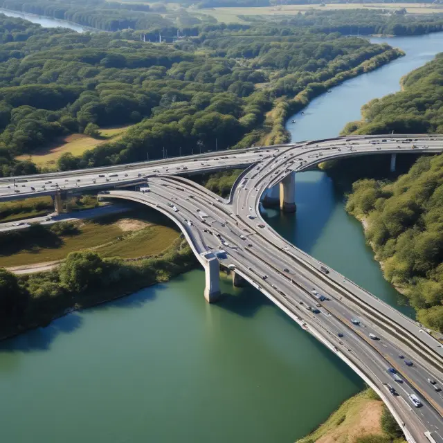 Two lands connected by a bridge: one stable with constant traffic and revenue, and another uncertain with variable tolls and revenue flows