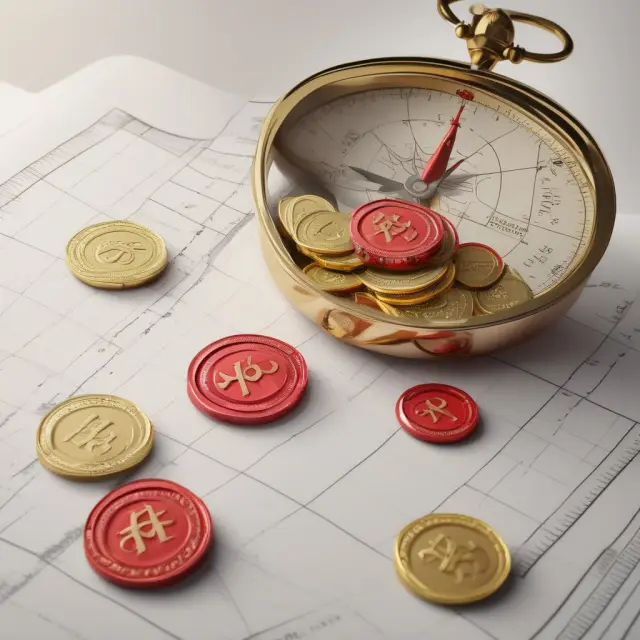 A scale balances gold coins (revenues) against red pearls (expenses), with a compass displaying revenue deficit and fiscal deficit.