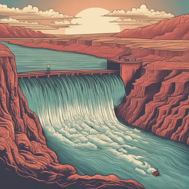 An intricately designed dam with economic currents disturbing its revenue channels, reflecting the impact of various factors causing revenue deficits in businesses and governments.