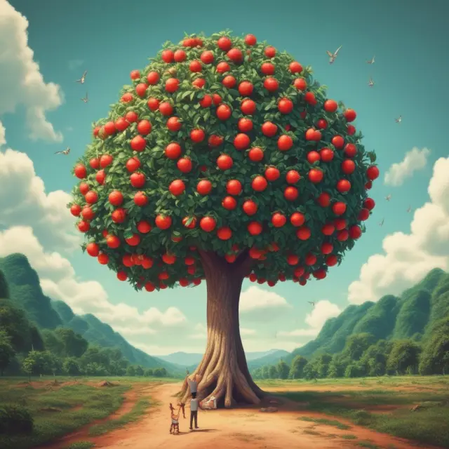A once prosperous company, represented as a fruit-bearing tree, faces a revenue deficit, with fewer ripe fruits than expected