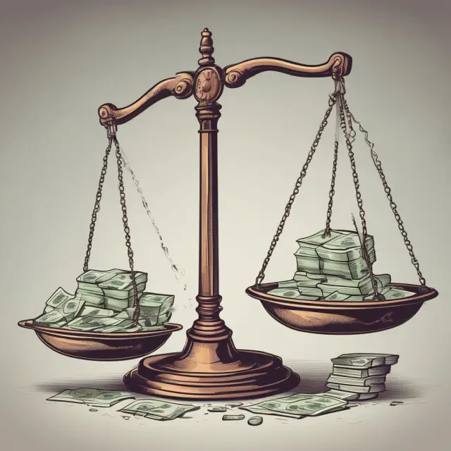 Two scales balanced on a yoke represent prosperity (left) and debt (right). The left scale has gold coins, symbolizing advantages; the right scale has lead balls, symbolizing disadvantages.