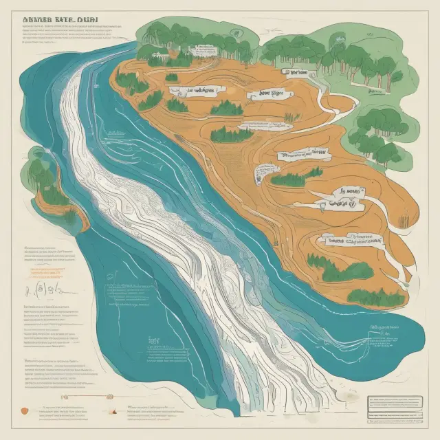 A serene lake filled with interconnected data rivers representing RGU trends, feeding strategic decisions for a telecom or cable company