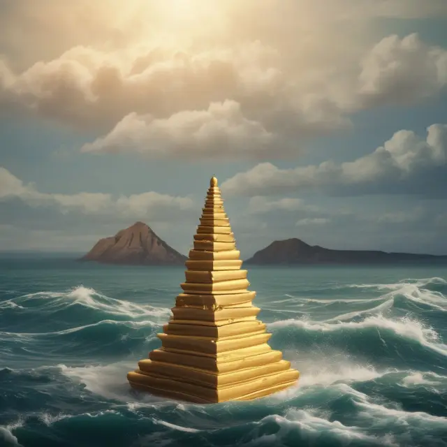 A golden scale with RGUs represents business growth on a pyramid of EBITDA. Churning waters beneath reveal the importance of monitoring limitations in financial analysis.