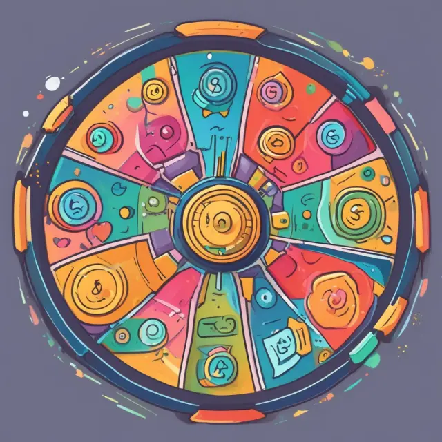 Imagery of a rotating wheel with colored sectors representing RGUs generating revenue streams and net additions, showcasing coins filling the sectors