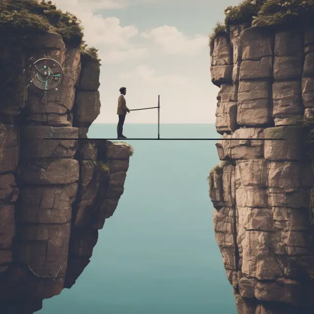 A revenue officer poised atop a cliff, managing a digital scale representing the balance of employment and automation in tax collection.