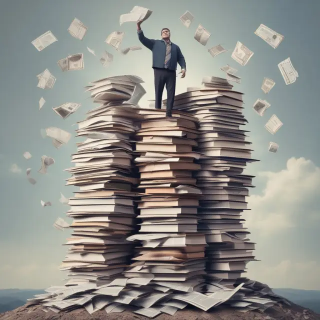 A revenue officer climbs a towering stack of financial documents, symbolizing their determination to navigate complex cases and achieve career growth.