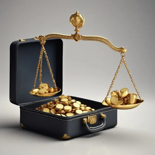 Golden scales tilted towards a briefcase filled with coins - representing the compensation and benefits of a revenue officer
