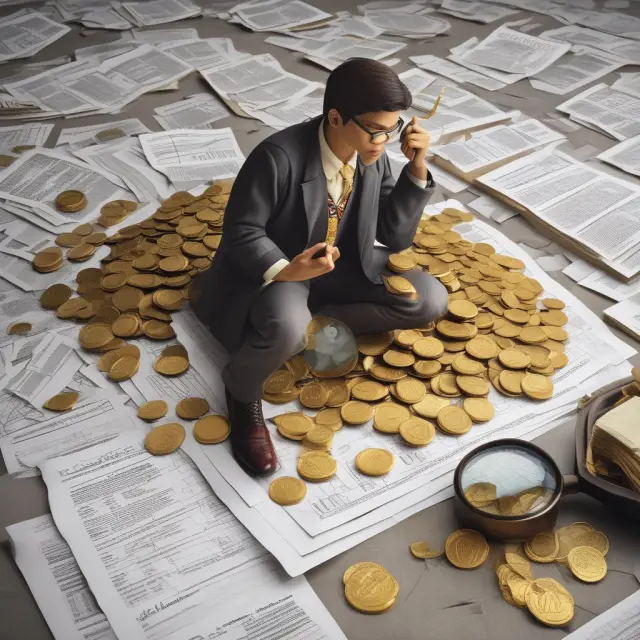 A revenue officer meticulously collects gold coins from a mountainous pile of financial documents to symbolize their role in tax collections.