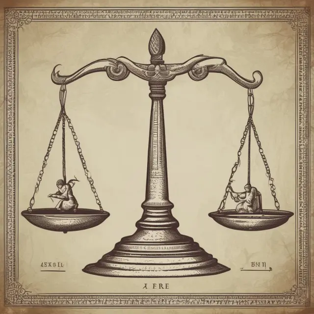 An ancient scale balances a golden currency stack (total revenue) with employees (represented by people) to depict the Revenue Per Employee Ratio calculation.