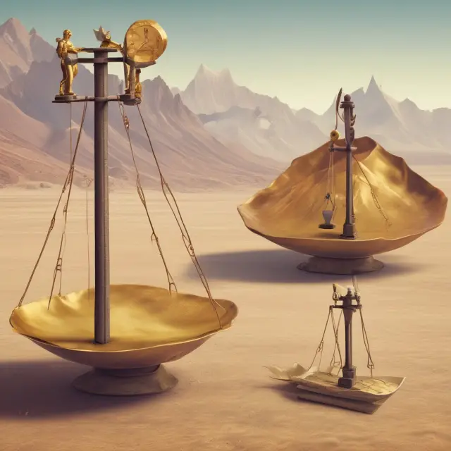 Two companies compared, one with high RPE ratio shown as a golden worker atop mountains of revenue, the other with low RPE ratio displayed as a laborer on a barren plain