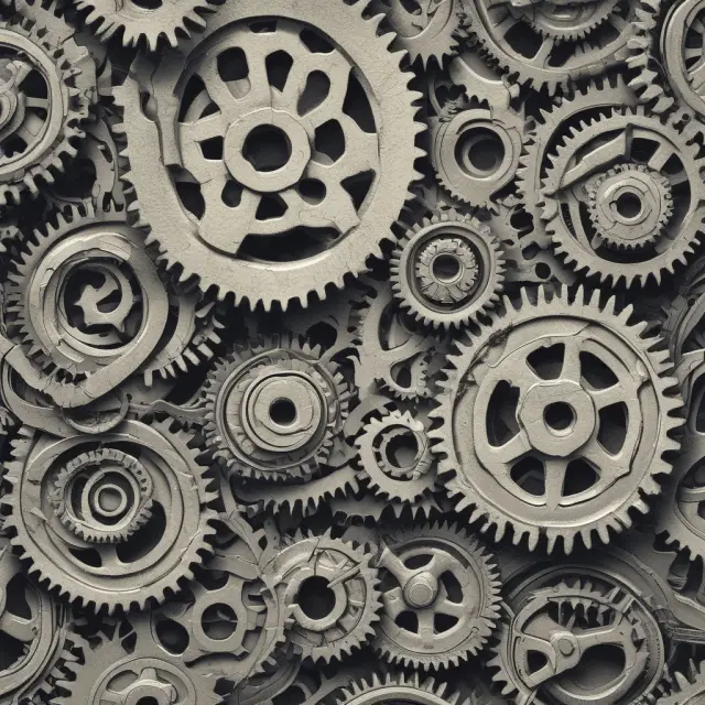 Gears representing different industries interconnected, with some gears requiring more employees (larger workforce) than others to maintain balanced productivity
