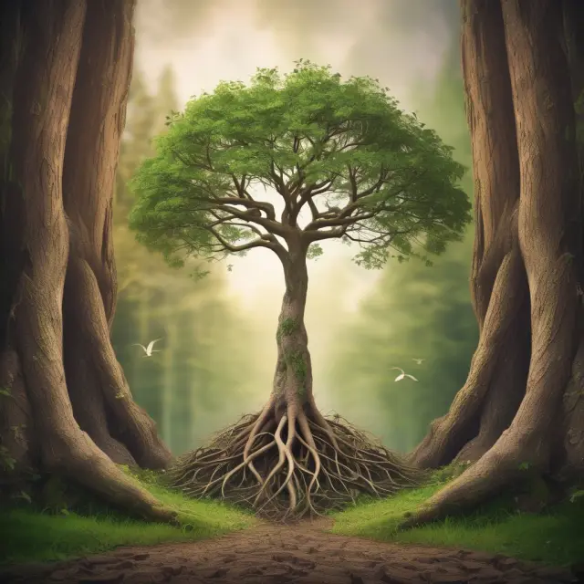 Two trees representing a young startup (sapling) and a mature company (tree), with intertwined roots illustrating how their respective labor costs and revenue bases impact the RPE ratio