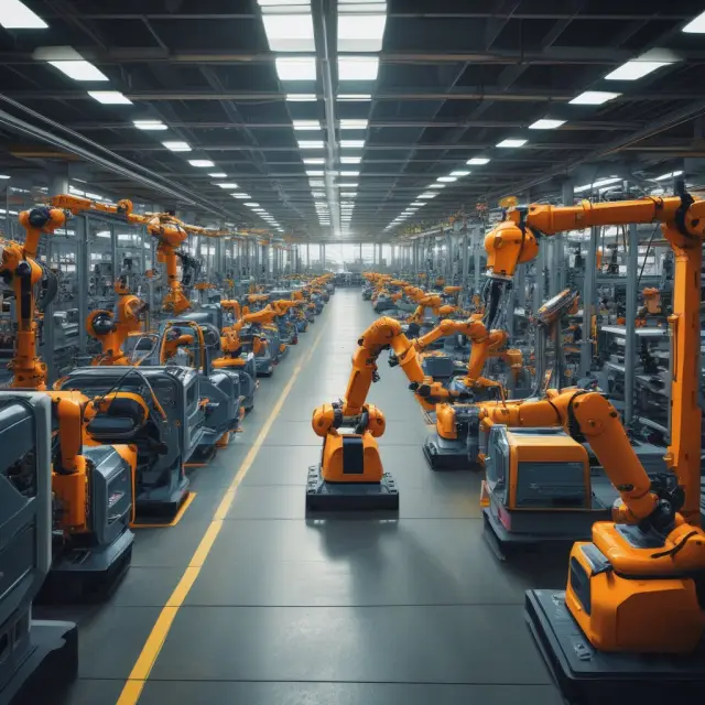 A factory floor showcasing robots and humans working together, representing capital-intensive industries