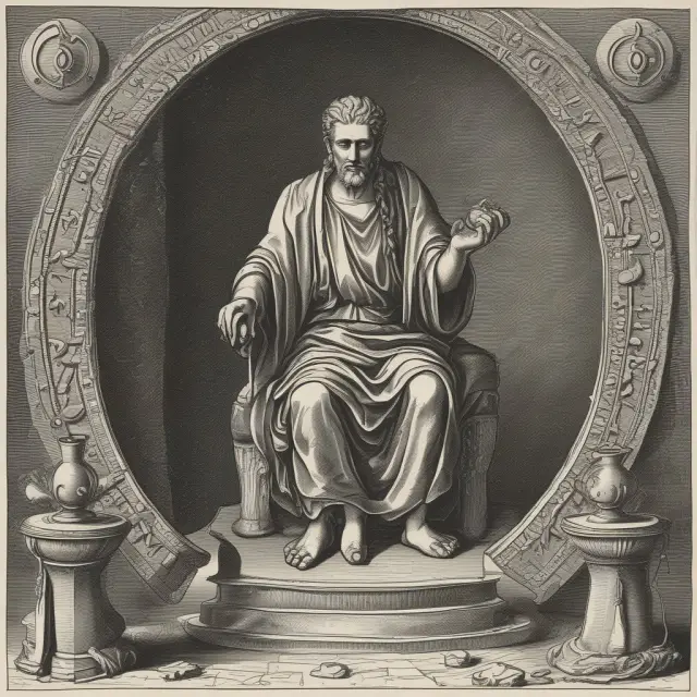 Wise oracle figurine flips coins representing frequently asked questions and their reversal answers in finance