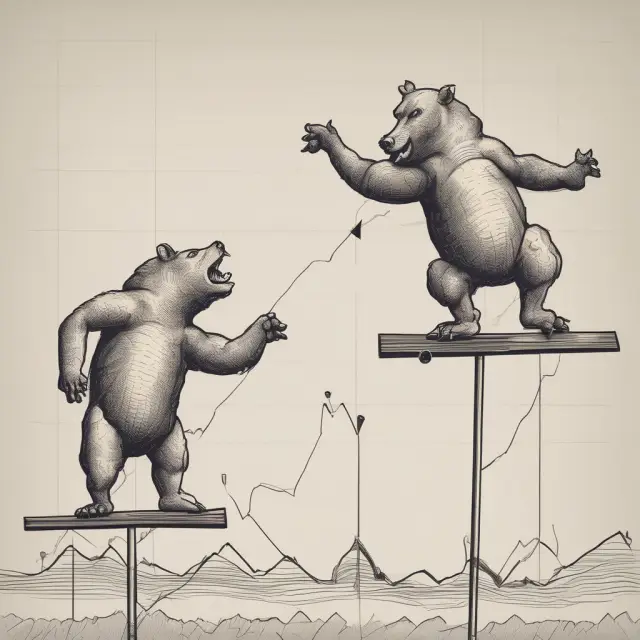 Bull and bear characters depict uptrend and downtrend, with see-saw representing reversals