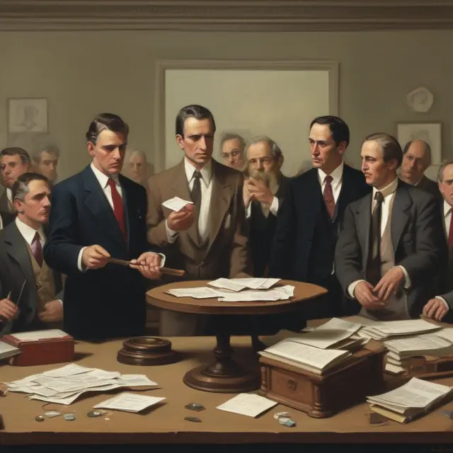 Buyer and sellers at an auction table, with the buyer weighing price against quality in a reverse auction scenario
