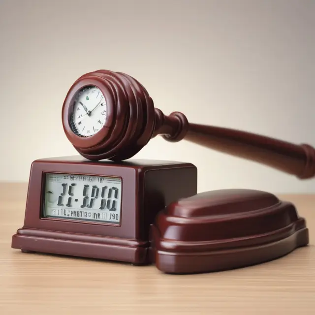 Gavel tapping on a digital clock during a reverse auction, representing precise timing, efficient bidding, and successful partnerships
