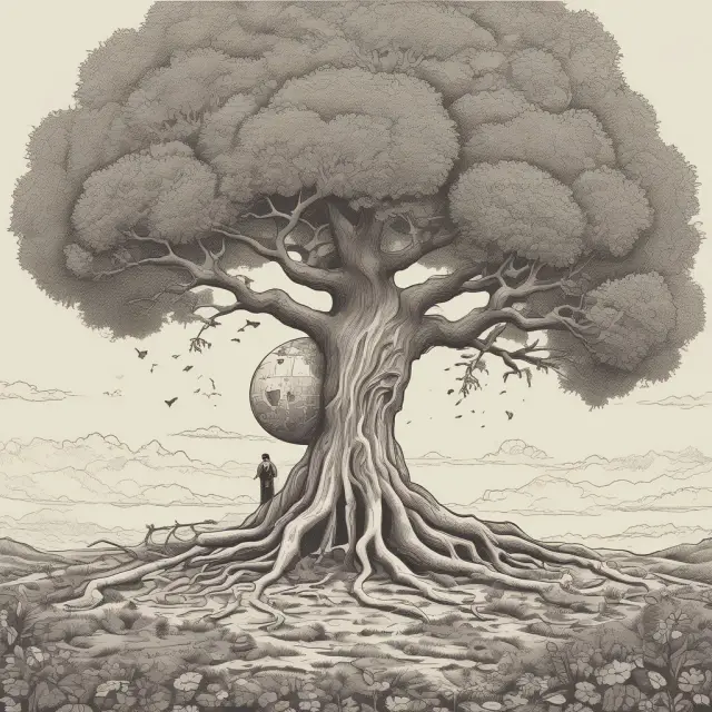 A person stepping back onto their home continent from a globe, with roots emerging from their feet that grow into a blooming cultural tree
