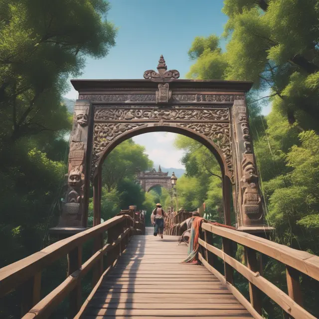 A person crossing a river, symbolizing the challenges of reverse culture shock, surrounded by supportive friends and family