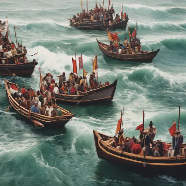 Expat navigating reverse culture shock upon returning home, depicted as a sea journey with cultural waves and beacons symbolizing personal resilience