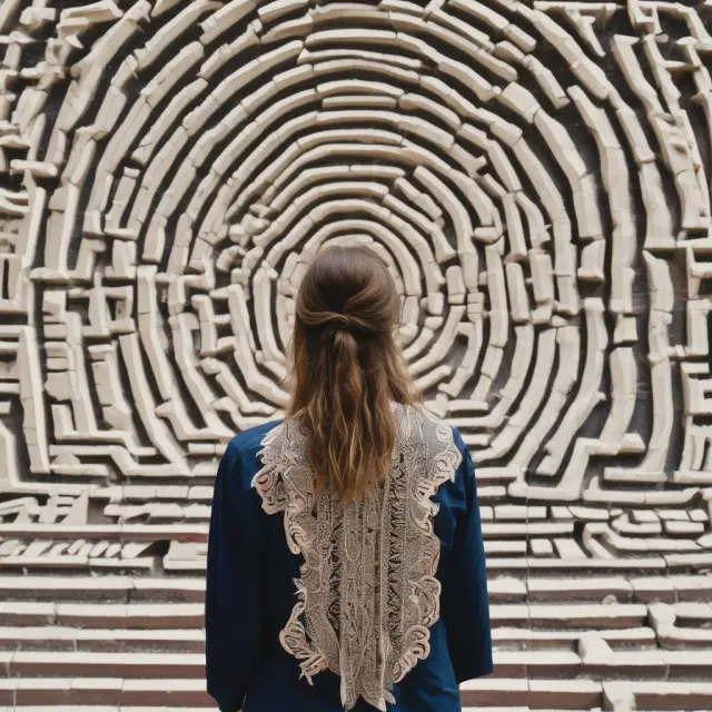 An expat person, represented by a labyrinth-solver, overcoming reverse culture shock in the form of a metaphorical maze filled with unfamiliar customs