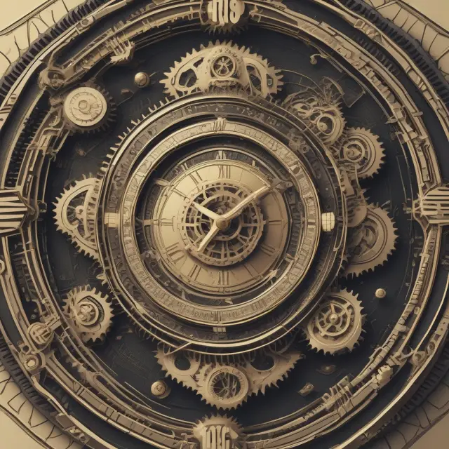 A cryptographic clock contrasting traditional gear systems with tokens and shares representing IPOs and Reverse ICOs.