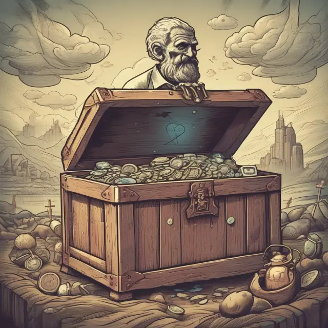 An image of a stern SEC regulator standing in front of a gold-embellished treasure chest filled with various tokens, illustrating the agency