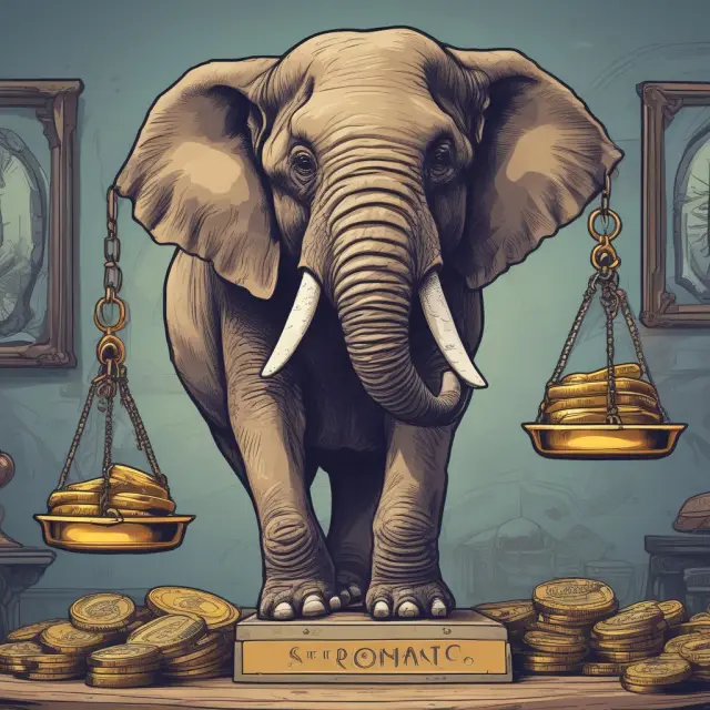 An SEC elephant representing regulation weighing tokens on a scale symbolizing reverse ICOs and Kin tokens