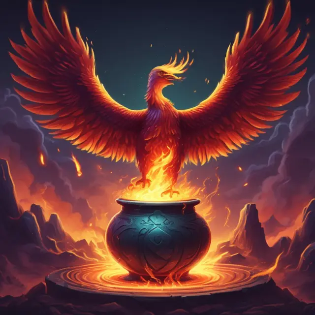 A mythical phoenix rising from a cauldron filled with tokens, representing the transformation of traditional businesses into decentralized entities through reverse ICOs