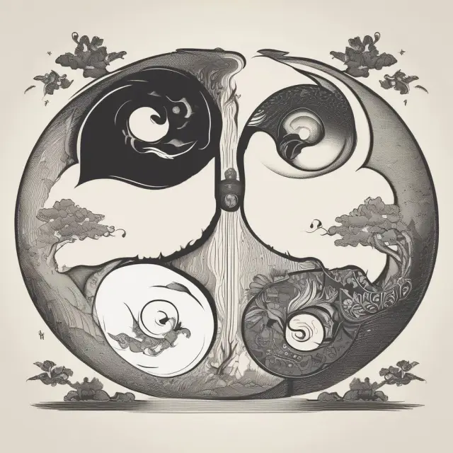 A financial yin-yang symbol representing reverse Morris trust transactions, with investors analyzing tax benefits and market trends influencing one another