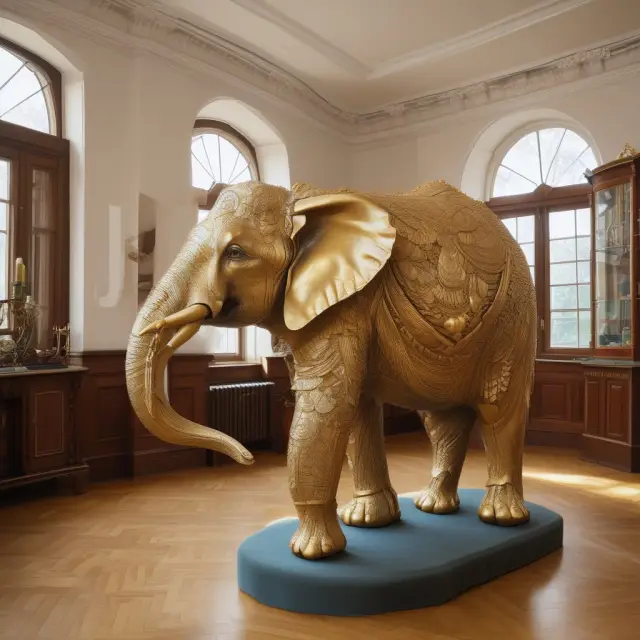 A metamorphosing taxidermied elephant becomes a gleaming golden swan, representing the tax advantages and strategic benefits of reverse Morris Trusts